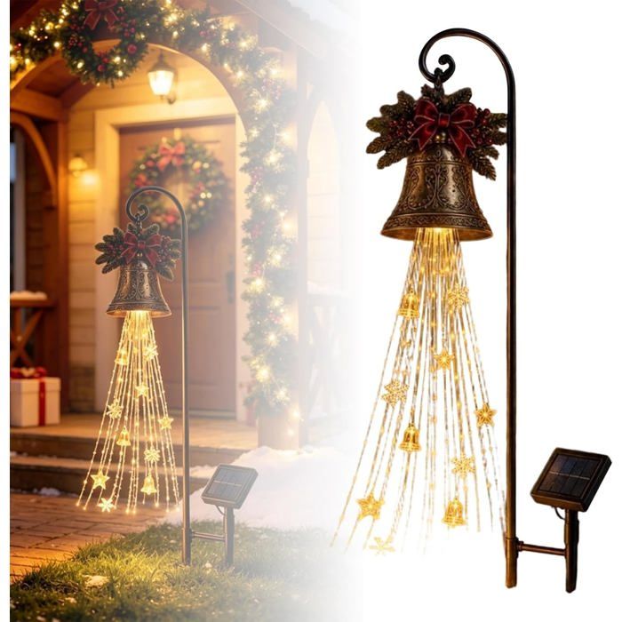 Lampe solaire de Noël cloche décorative avec guirlande étoiles - À piquer au sol - Lumière blanc chaud - Pour jardin et extérieur