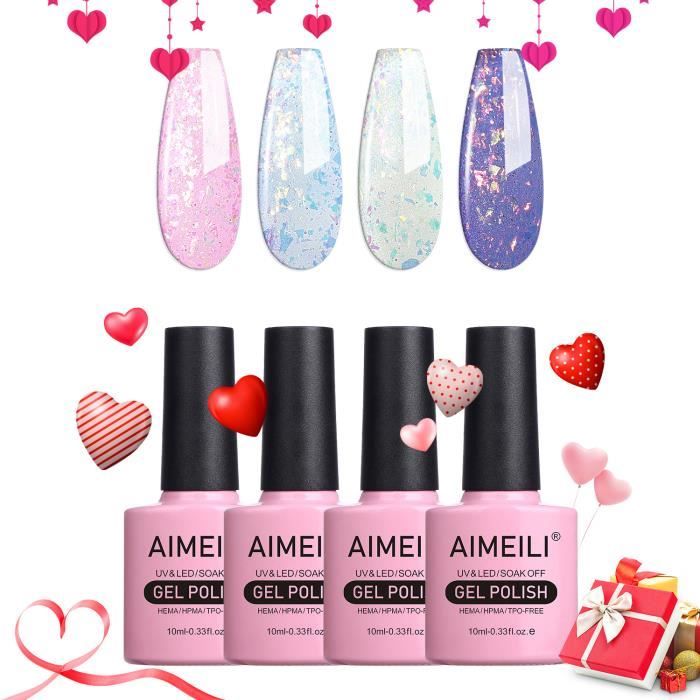 AIMEILI Vernis Semi Permanent Set 4pcs X 10ml Pailleté Rose Bleu Pourpre,Lot Vernis à Ongles Gel Soak Off UV LED Manucure Kit 32
