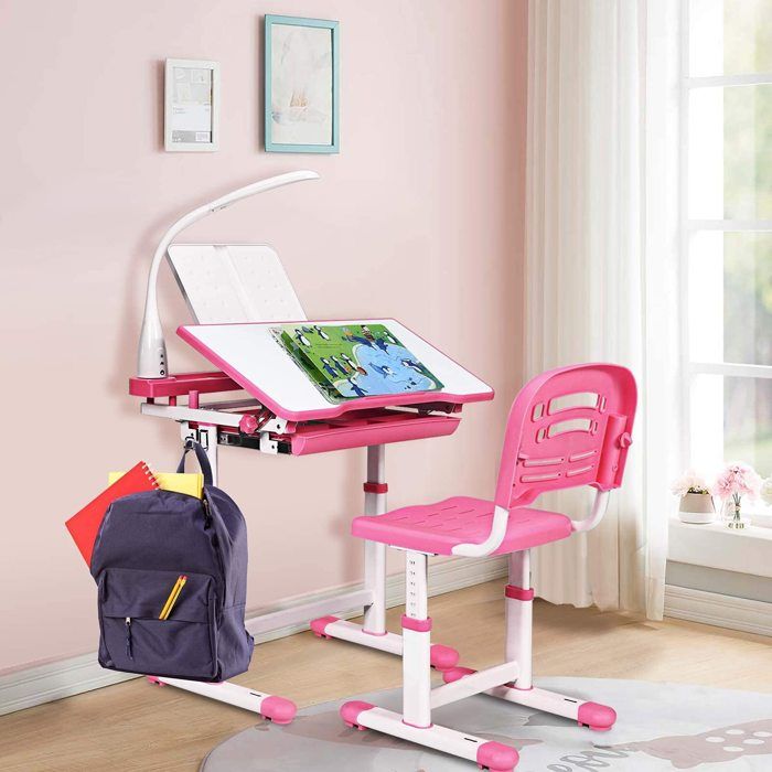 Bureau Enfant - DREAMADE - Lampe de Direction Ajustable - Support de Livres - Plateau Inclinable - Charge 80KG - 3-18 Ans Rose