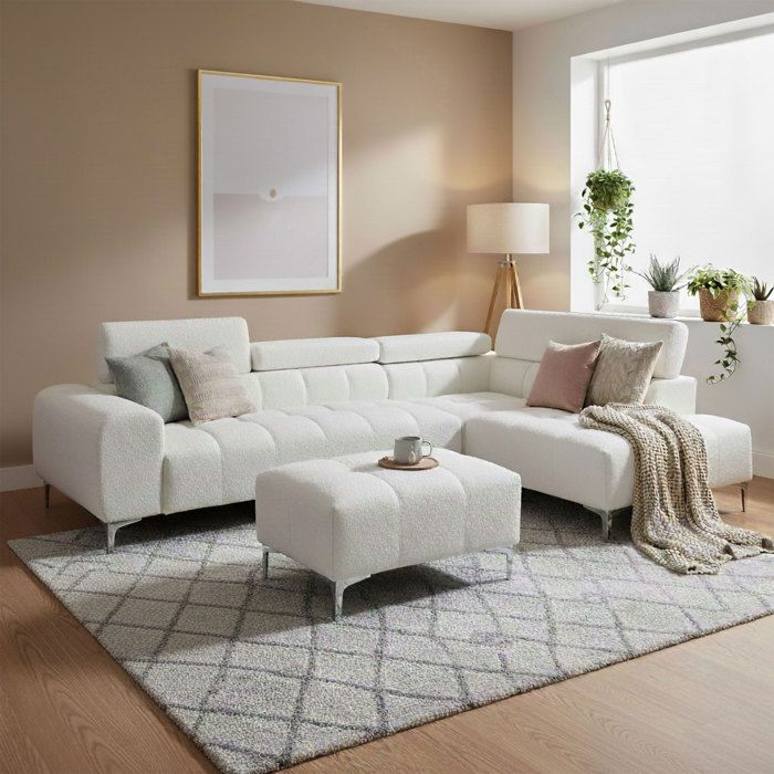 Canapé dangle à droite avec pouf en tissu bouclette blanc - COMET