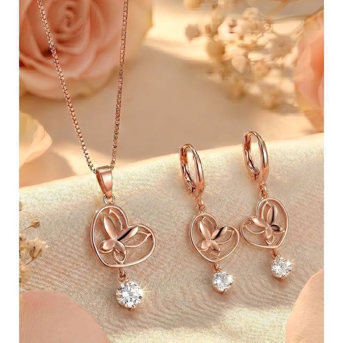 Parure Bijoux - Cœur - Papillon - Cristal - Blanc - Plaqué Or Rose 750/1000 - 4 Pièces - Femme