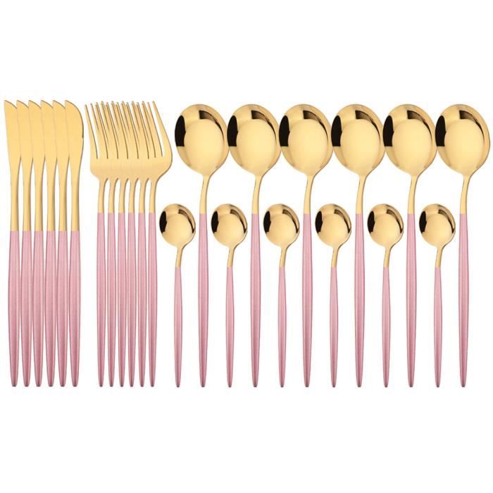 Ensemble de vaisselle - Lor rose - 24 pièces - Acier inoxydable - Compatible lave-vaisselle