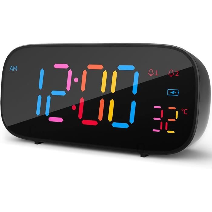 Réveil Numérique En Bois Ayybboo - Grand Écran LCD, Chiffres Colorés, Capteur Luminosité, Double Alimentation (Batterie/USB) - Câble 1,5m Inclus
