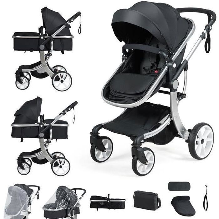 COSTWAY Poussette Bebe 0 3 Ans 2 en 1 Pliable Putter Double Sens Dossier Auvent Poignee Inclinable Housse de Pluie Sac a Dos Noir Cdiscount Puericulture Eveil bebe
