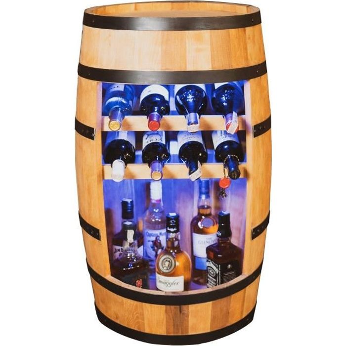 Creative Cooper Casier à Vin LED Tonneau En Bois Rangement Bouteille Alcool Étagère à vin Meuble Minibar Bar de jardin 80cm Chêne