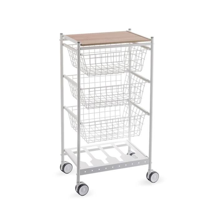 Desserte de cuisine KARINA - 3 grands paniers coulissants et porte-bouteilles métal blanc et plateau décor bois hêtre DON HIERRO. Desserte de cuisine KARINA - 3 grands paniers coulissants et porte-bouteilles métal blanc et plateau décor bois hêtre DON HIERRO.