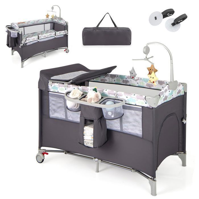Lit Bébé 5 en 1 Berceau Portable Lit Parapluie Pliable avec Table à Langer Matelas Boîte à Musique Jouets Suspendus Gris