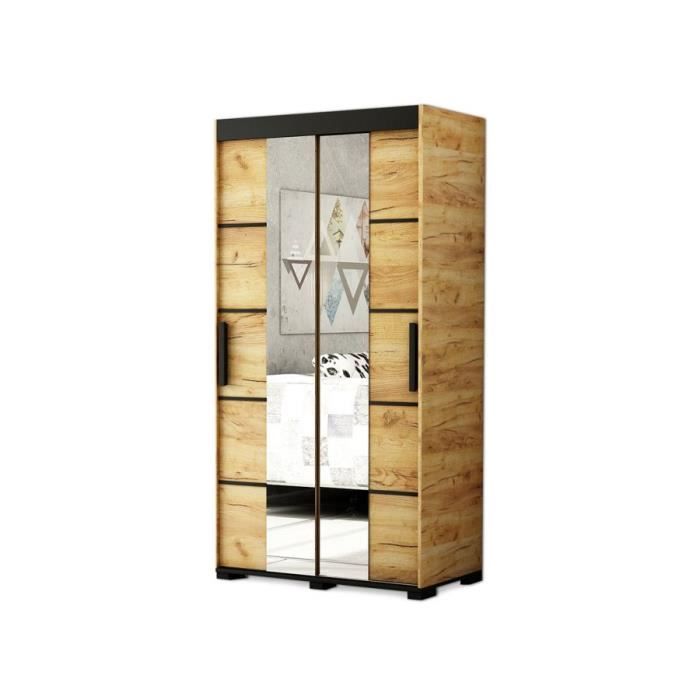 Armoire de Chambre Berg V4 150 avec 2 Portes Coulissantes et Miroir Loft  Style Pieds en métal Penderie avec étagères Avec tiroirs