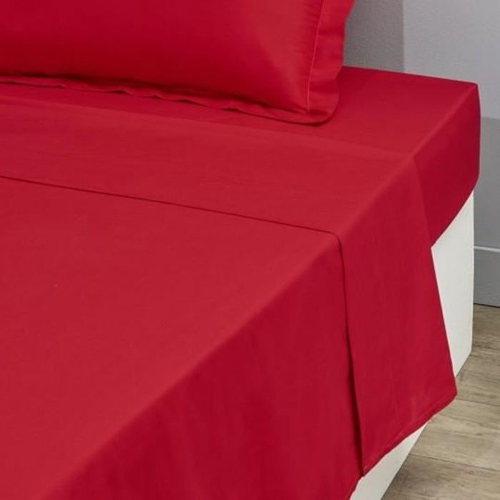 HOME DECO Drap Plat 1 Place - 100% Coton - 180 x 290 cm - Uni - Rouge - Tissage Serr&eacute; 