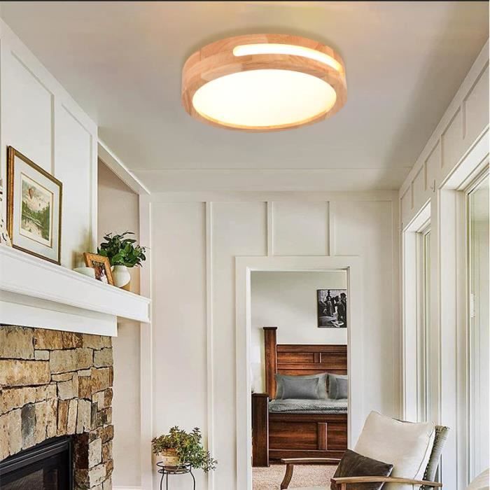 IDEGU Plafonnier LED en Bois Moderne Plafonnier Rond Luminaire Naturelle Lampe de Plafonde Style Campagne pour Salon Chambre 4500K