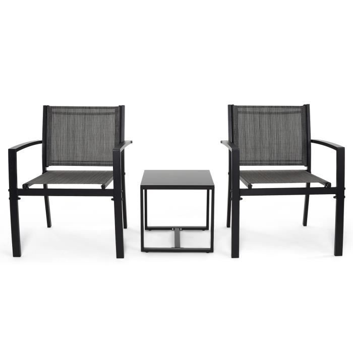 SPRINGOS Ensemble Meubles Jardin 2 Chaises + Table Ronde - Salon Extérieur Compact Noir