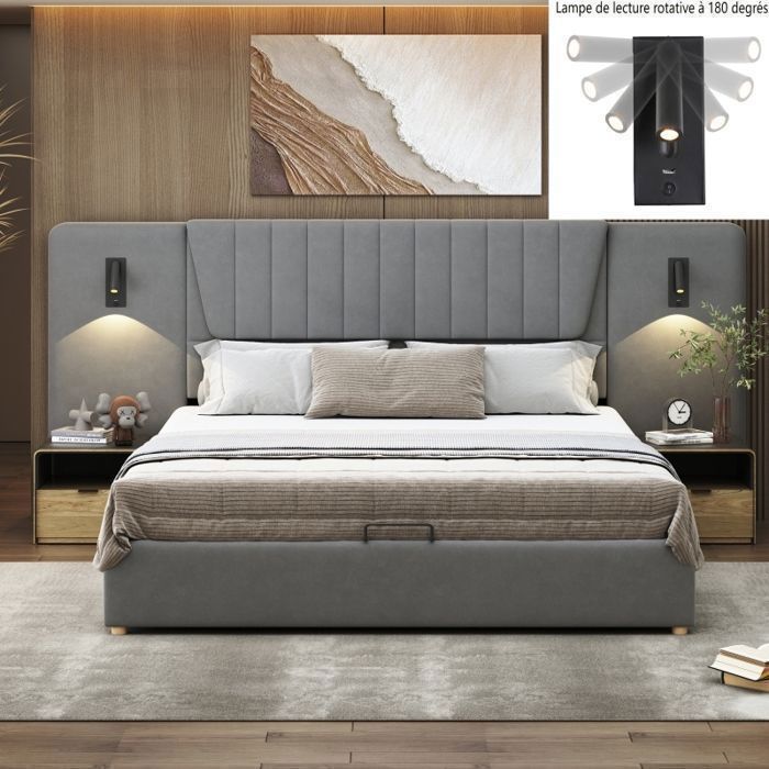 Lit coffre 180 x 200 - VVBV - lit adulte 180x200 cm - Velours gris - Rangement hydraulique