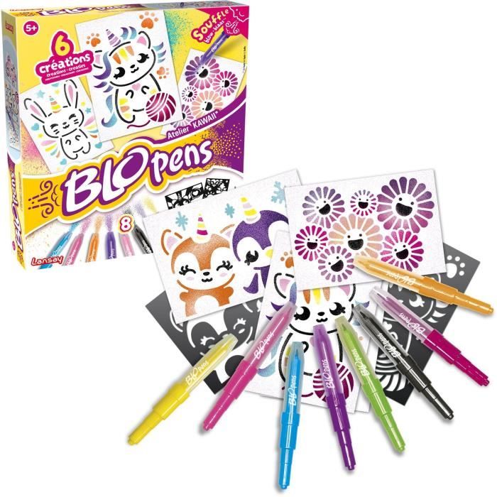 Kit Créatif Lansay Blopens Atelier Kawaii 24121 – 6 Feutres à Souffler + Pochoirs Réutilisables