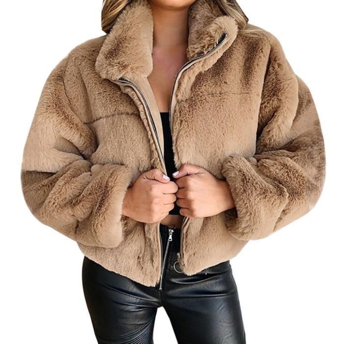 Manteau Hiver Femme Veste Courte en Peluche Chaude Fausse Fourrure Floue Brun Brun Cdiscount Pret a Porter