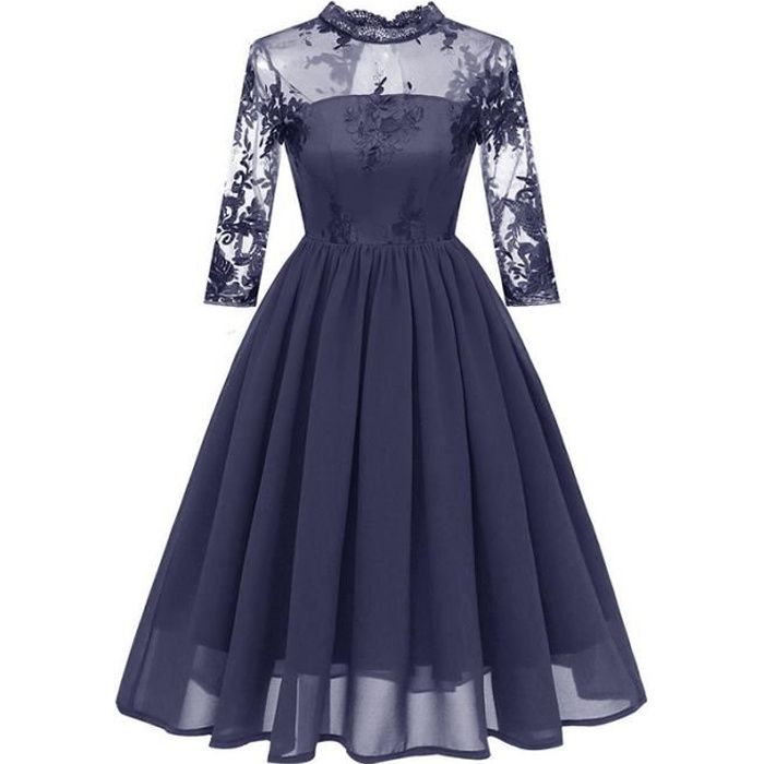 Robe de Ceremonie Soiree Femme Mousseline Dentelle Broderie Col Rond 3 4 Manche Couleur Unie Plisse Bleu Cdiscount Pret a Porter
