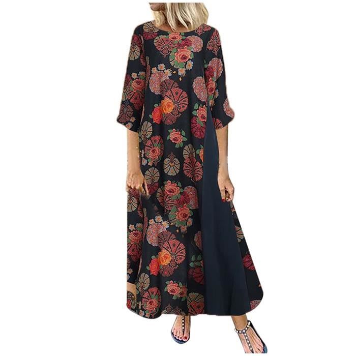 OS robe femme d'impression en coton et lin rétro vrac