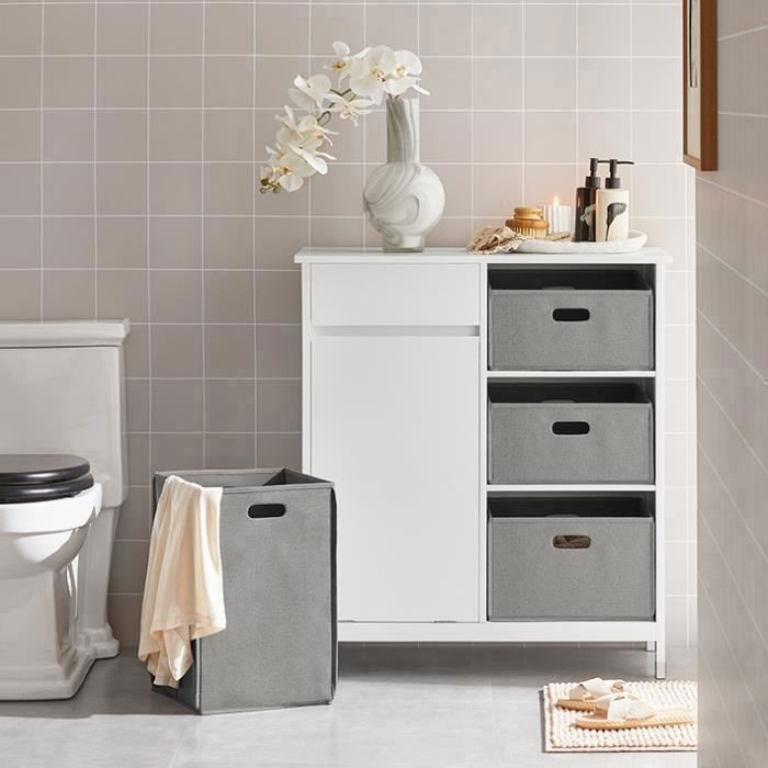 SoBuy Meuble Salle de Bain avec 3 Paniers à Linge et Tiroir Armoire de Rangement Compacte en Bois Blanc 80x91x38 cm