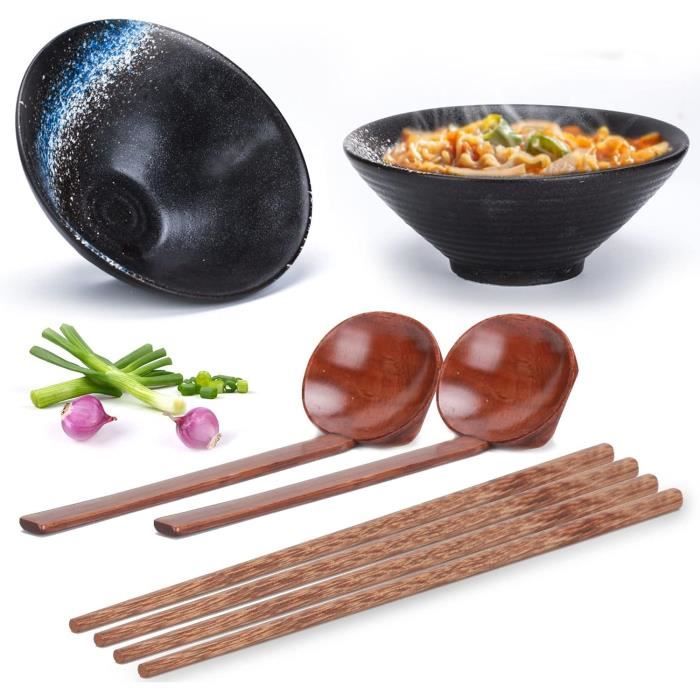 Bol Ramen Céramique 800ml Avec Couvercle - Style Japonais - Set Complet Cuillère Et Baguettes