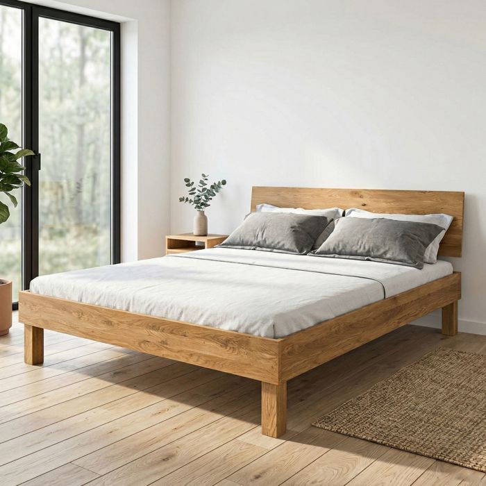 Lit avec pieds carrés et tête de lit en chêne massif clair 140x190 - LT36004 - Bois naturel - Terre de Nuit