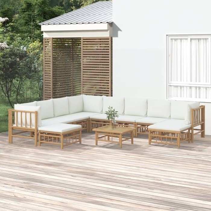 vidaXL Salon de jardin 11 pcs avec coussins crème bambou 3155193 - vue 1