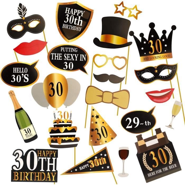 WOVTE 24 pcs Accessoires de Photobooths 30e anniversaire kit de décoration DIY amusant pour 30e anniversaire fête - Noir et Or