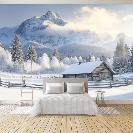 Papier Peint Intissé 250 Cm X 250 Cm, Photo Montagne Enneigée, Vue Panoramique Neige