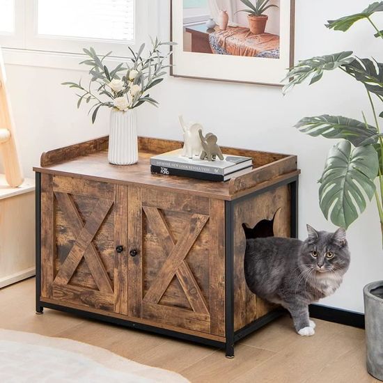 Meuble Cache-litière Chat Avec Porte Rabattable – Dimensions 47x60x54,5 Cm, En PP Résistant Aux Intempéries – Pour Salon, Chambre, Design Moderne (café)