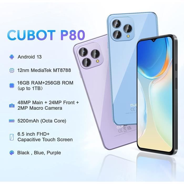 CUBOT P80 Smartphone 8Go+256Go Android 13 Écran 6.58 FHD+ Caméra 48MP  Charge Rapide 5200mAh Double Nano SIM Support NFC/OTG, Bleu - Cdiscount  Téléphonie