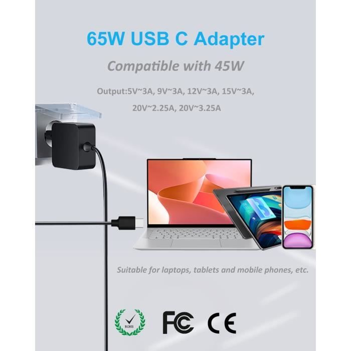 65W Chargeur USB C Adaptateur Secteur Type C pour Macbook Pro/Air 2019 2018  2017 2016, Lenovo, HP 1013 G3, Dell, ASUS, Acer, Samsung, Google