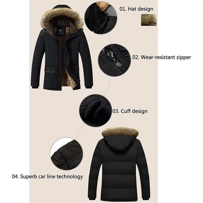 Parka Manteau Homme à Capuche Hiver Veste Marque Luxe Manteau Fourrure Chaud épaissir Hiver NOIR