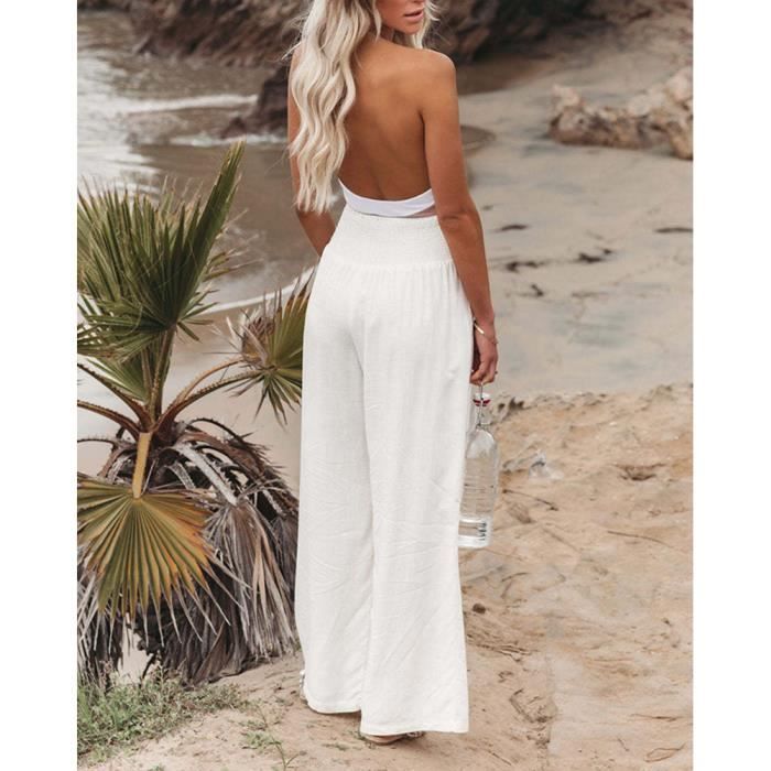 Pantalon Femme Lin Taille Haute Elastique MISSMAO Large Blanc
