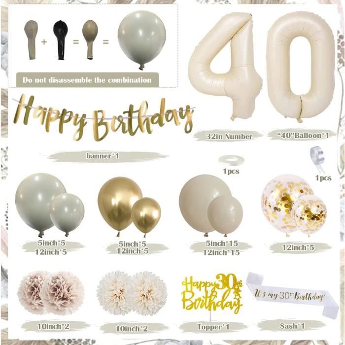 Déco Anniversaire 40 Ans Femme - Ballons Beige Or + Bannière + Nappe - Kit Complet Bohème