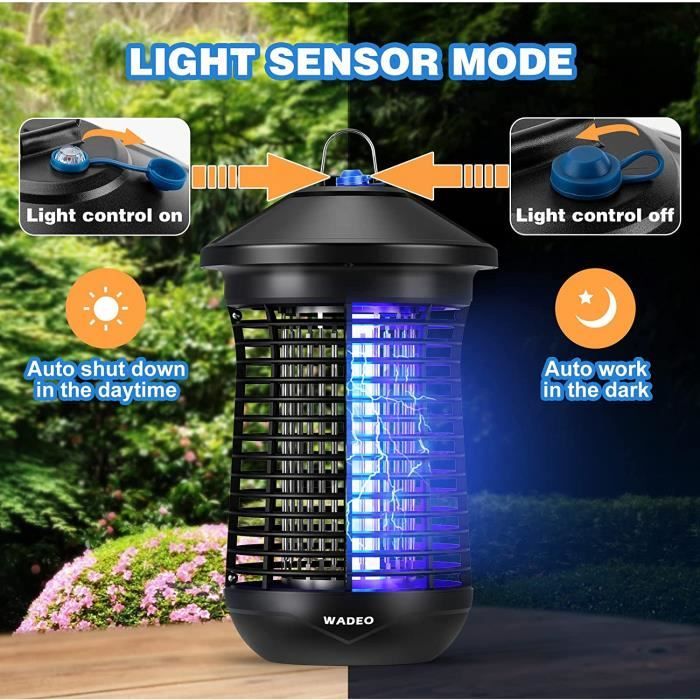 Lampe Anti Moustique avec Capteur de Lumière, WADEO 4000V 20W UV Tueur  d'Insectes Électrique Anti Insectes Répulsif, Efficace Portée 100m² pour