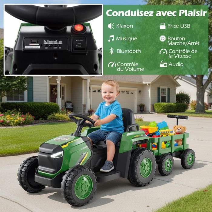 Tracteur électrique Enfant COSTWAY 12V – Remorque Amovible, Télécommande 2,4G, 3-8 Km/h, Musique, Pour Enfants De 3 à 8 Ans