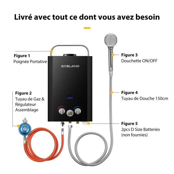 GASLAND BE158B Chauffe-eau à gaz d'extérieur sans réservoir 6 L,  chauffe-eau instantané portable pour camping, voyage en voiture - Cdiscount  Bricolage