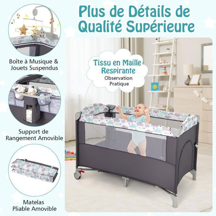 DREAMADE Lit Parapluie Bébé 2 en 1 avec Matelas Lit Voyage Pliable 120x65 CM avec Matelas&2 Roues avec Freins,Charge 15 KG,0-36 Mois(Gris