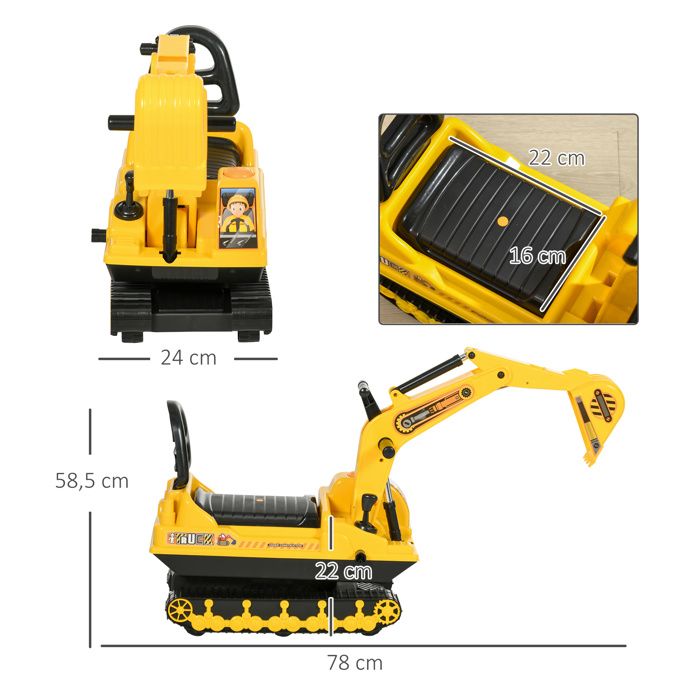 HOMCOM Porteur Tracteur Enfants – Avec Coffre, Pelle, Râteau, LED Et Klaxon – Pour 1 à 3 Ans – Bleu