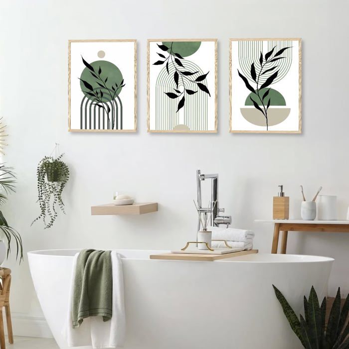 Lot De 3 Affiches Murales Abstraites Botaniques – 30x40 Cm, Style Boho Géométrique Vert Sauge Et Orange