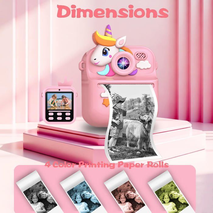 Appareil Photo Instantané Enfant – Écran 2,4 Pouces, 1080p, 32 Go, Impression Thermique 1s, Selfie, Filtres, Cadeau Fille 3-12 Ans, Rose