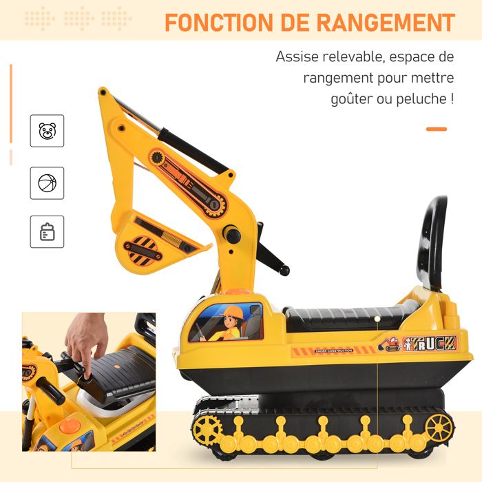 Porteur Tractopelle Enfant HOMCOM – 18-48 Mois – Klaxon, Coffre, Direction Pivotante – Jaune