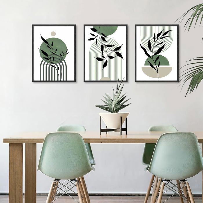 Tableau Décoration Murale Feuilles Vertes Nature - 3 Cadres 30x40 Cm Prêt à Accrocher