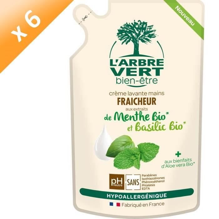 L'ARBRE VERT Recharges Crème lavante main - Menthe et basilic Bio - 300 ml - Lot de 6