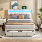 RAVAS Lit rembourré 160x200 cm avec Lumineuse LED - Lit double avec Ports USB & 4 Tiroirs, Espace de Rangement, Lin, beige
