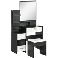 Ensemble coiffeuse tabouret design contemporain multi-rangement 4 tiroirs 4 étagères grand miroir noir blanc 80x38x143cm Noir