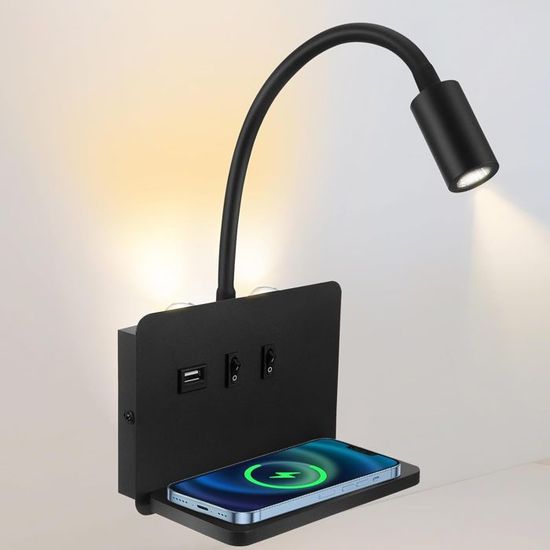 Mexllex Liseuse Murale, Lampe Col de Cygne Flexible,Liseuse de Chevet avec Interrupteur, Port de Charge USB, Liseuse de Lit Pivotante à 360° avec Prise et Câble pour Chambre, 2700-5700K, Blanc