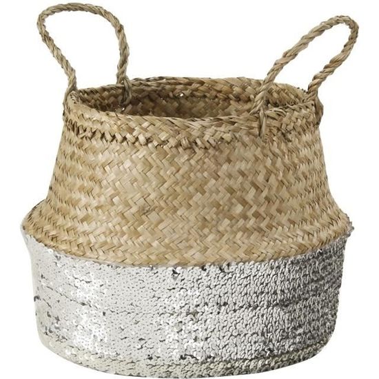 CASAME Panier Thaïlandais Jonc de mer Base Sequins - 35 x 35 x 15 cm - Argent