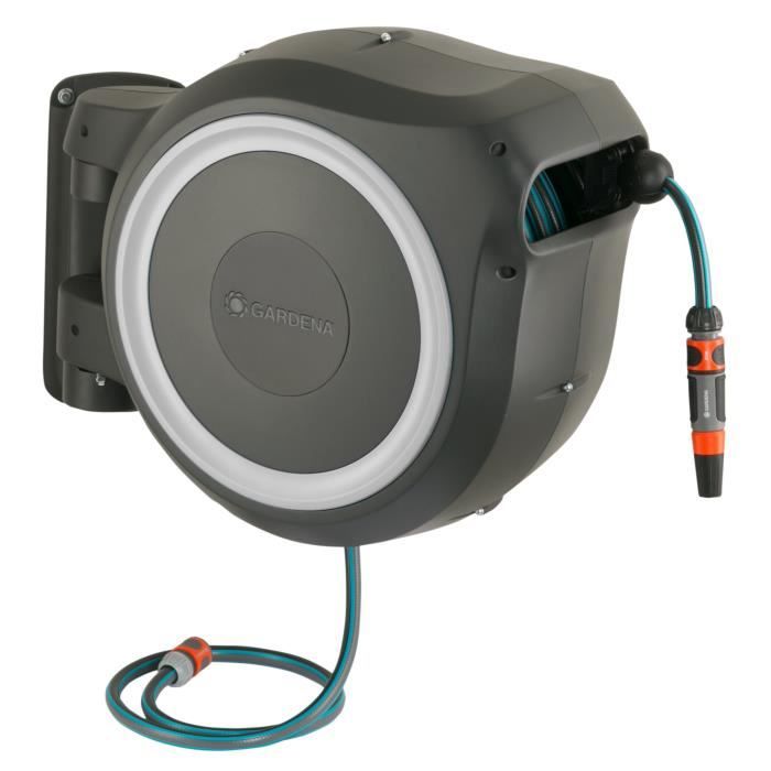 GARDENA Dévidoir automatique mural RollUp® M/L liseret blanc – Longueur 25m – Ø13mm – Kit complet – 