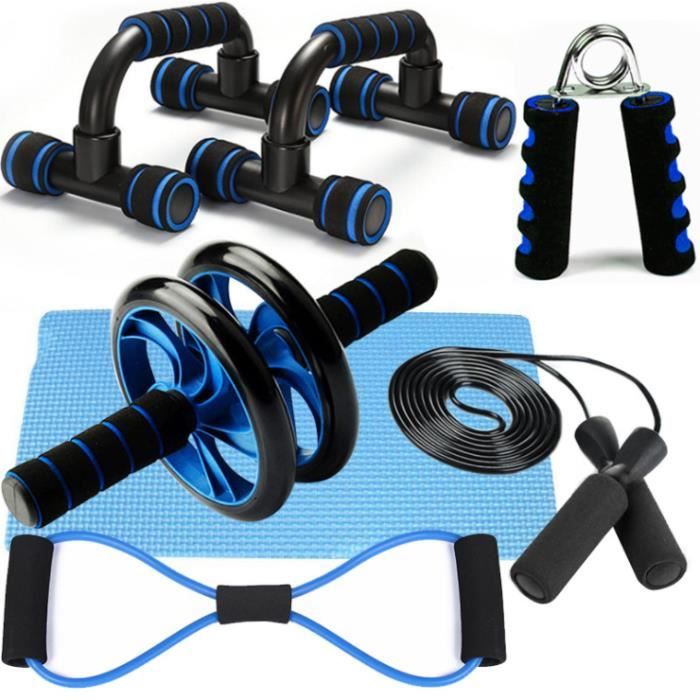 6en1 Appareils Fitness Kit avec Roue Abdominale,Bandes Résistance,Corde à Sauter, Poignées de Pompe,Pince à Main,Tapis pour Genou