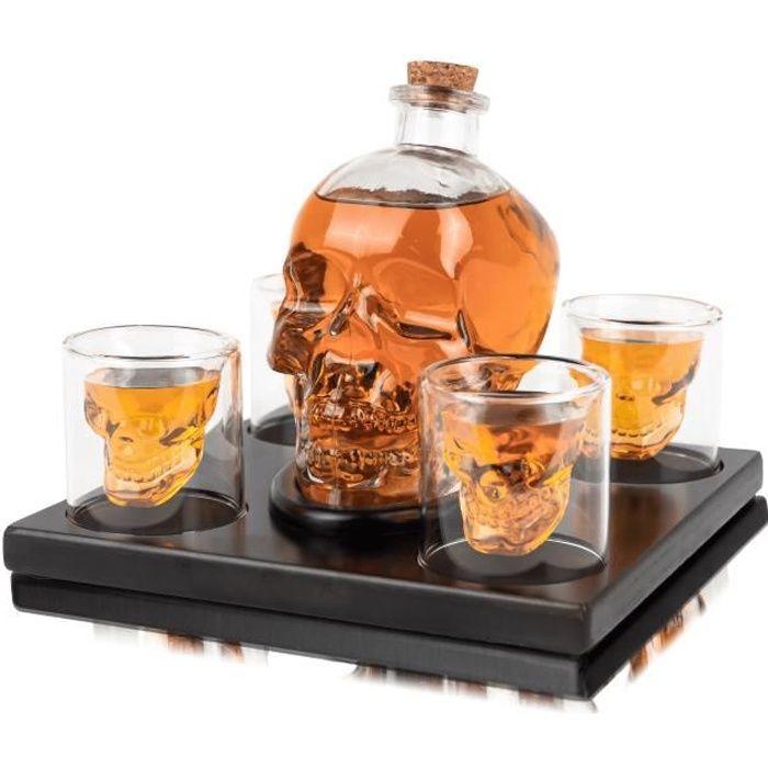 Whisiskey® Carafe Whisky - Tête de Mort - 900 ml - 4 Verre à Whisky, 4 Pierre à Whisky et Bec Verseur - Crâne - Cadeau Homme - Vin