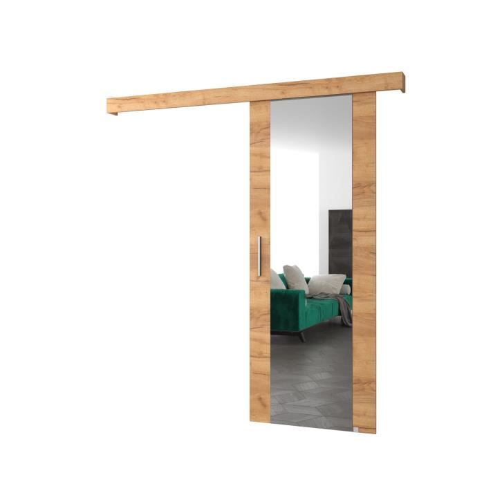 Ensemble Porte coulissante interieur avec rail AGRA II avec miroir - Chêne doré + Lunette chêne doré + Poignée d'argent - 90x204cm